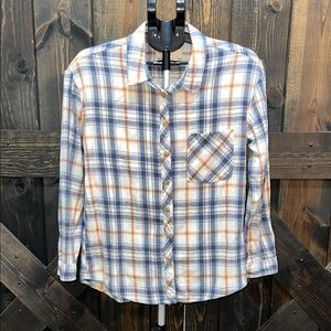 Thread & Supply Plaid Flannel Top Size S Blue Orange Western Boho Cozy‎ Cabin